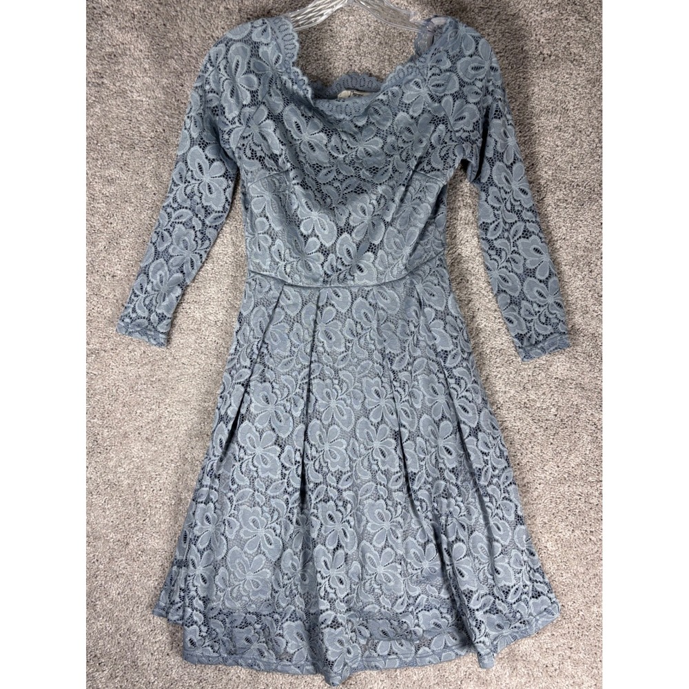 MissMay Retro Gorgeous City Blue Lace Fit‎ Flare Dress Size S Long Sleeve